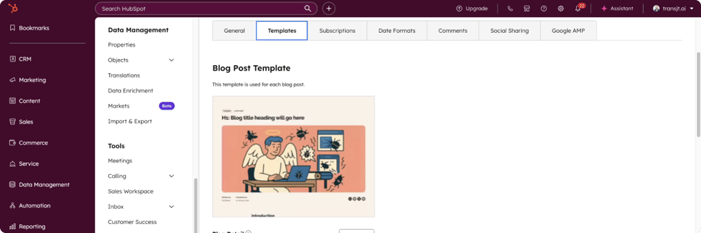 crear blog hubspot con transjt