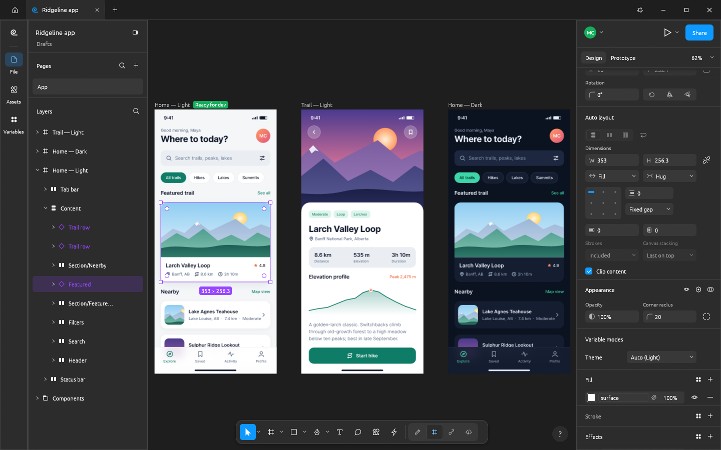 FigCraft en tema oscuro editando la app de senderismo Ridgeline: tres pantallas de móvil en el lienzo, el panel de capas y el panel de diseño con auto layout