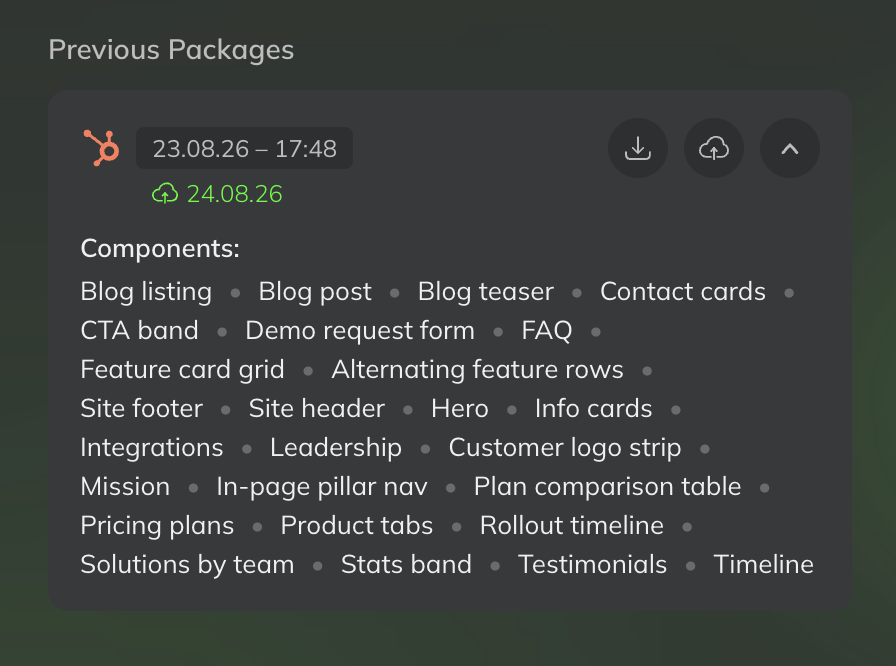 A previous package in the Deploy step: export date 23.08.26 17:48, deployed on 24.08.26, buttons to download and deploy again, and the list of its components