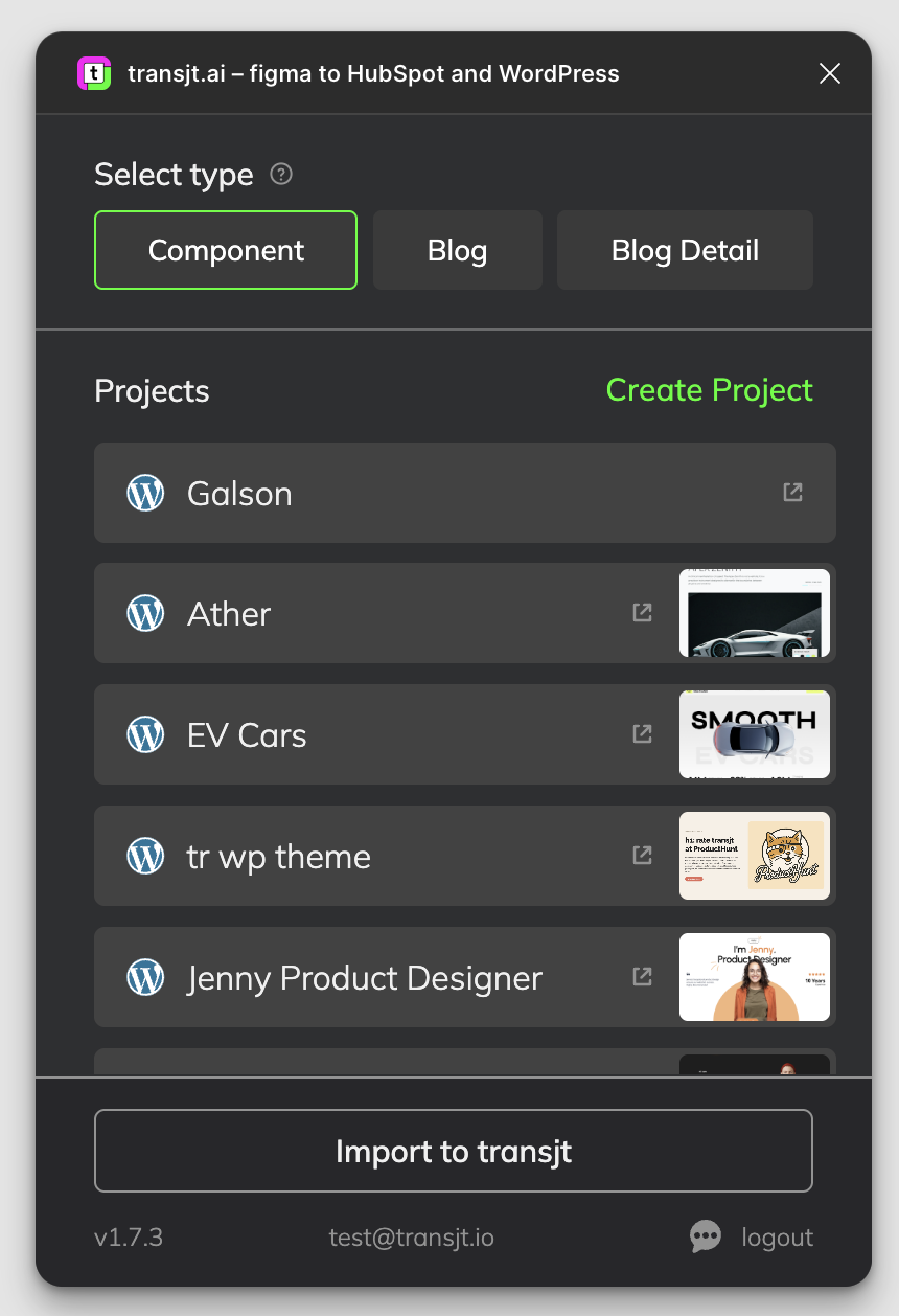 The transjt Figma plugin with Select type (Component, Blog, Blog Detail), the project list with Create Project, and the Import to transjt button