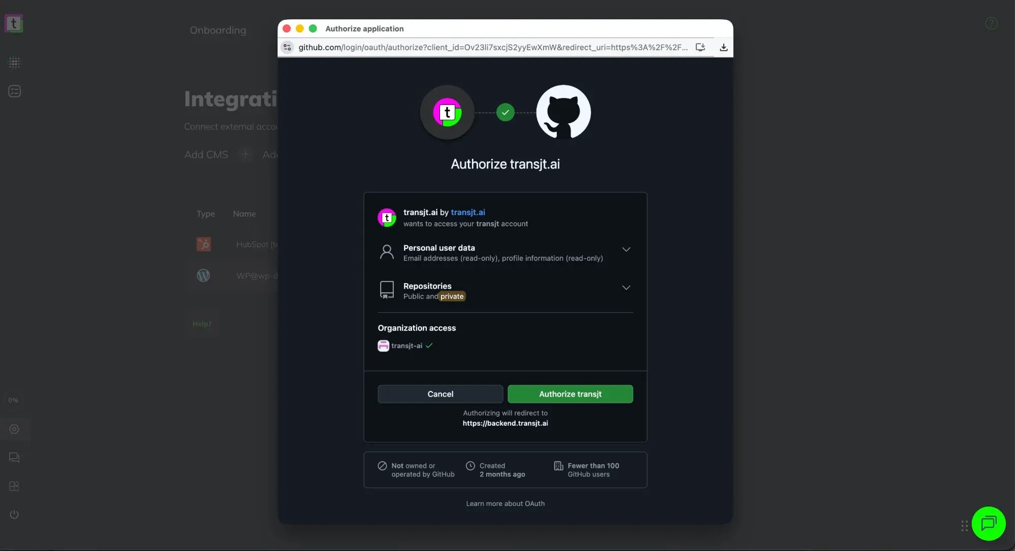 GitHub Authorize transjt.ai window: transjt wants access to personal user data (email addresses and profile, read-only), public and private repositories, and organization access, with Cancel and Authorize transjt buttons