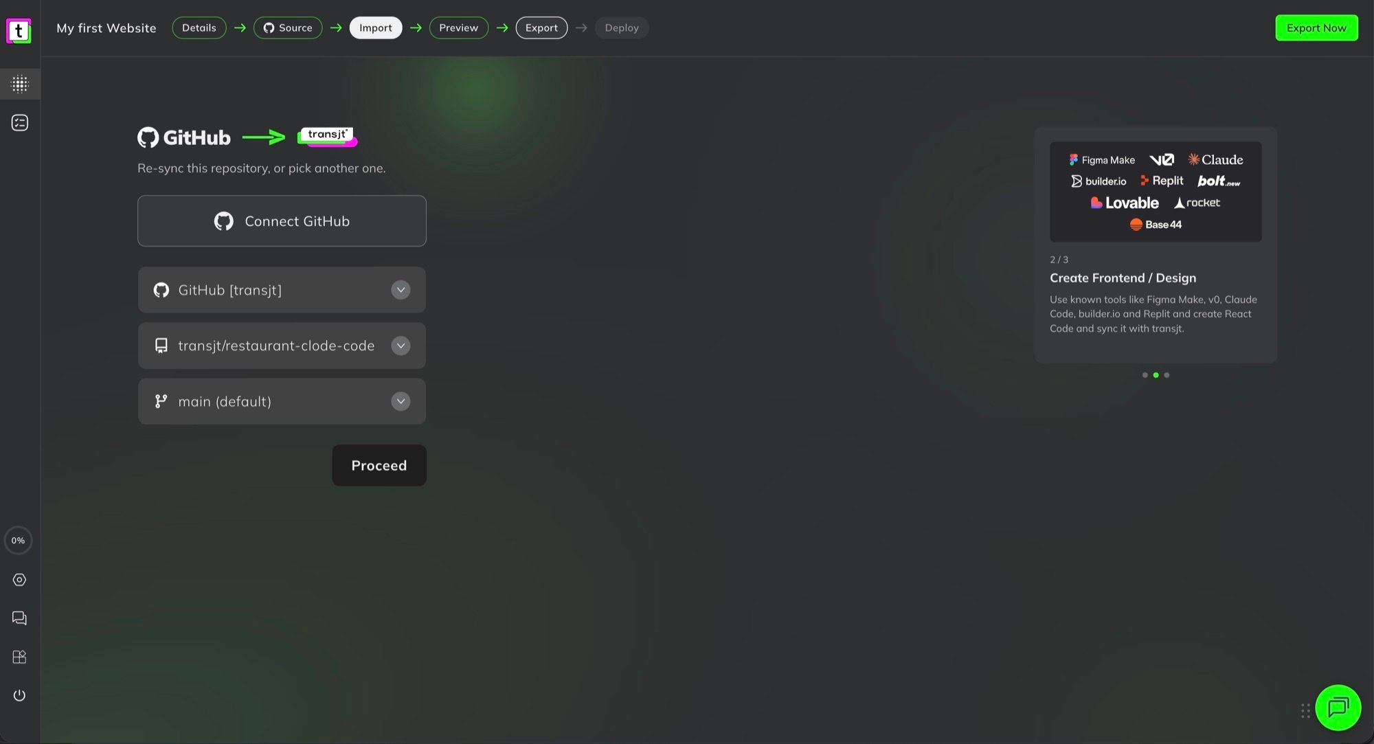 The Import step of a GitHub project: Re-sync this repository or pick another one, with Connect GitHub, the account, repository and branch lists, and the Proceed button