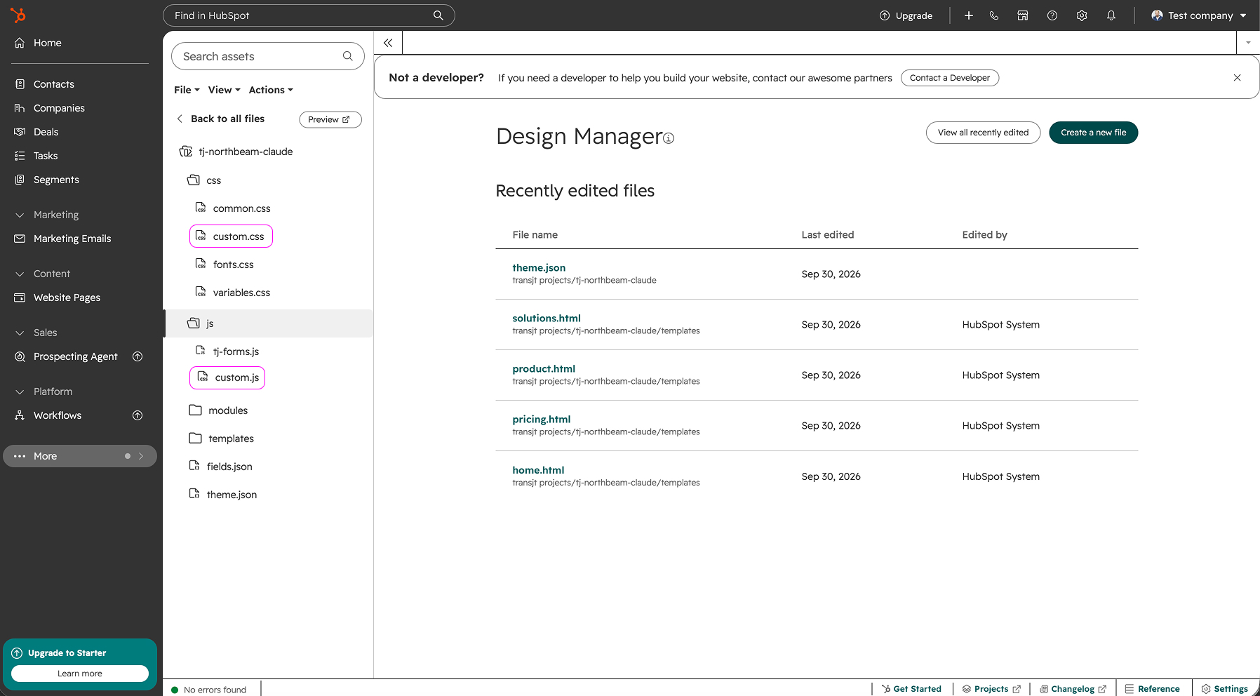 HubSpot Design Manager with the theme folder tj-northbeam-claude open: css/custom.css and js/custom.js are highlighted