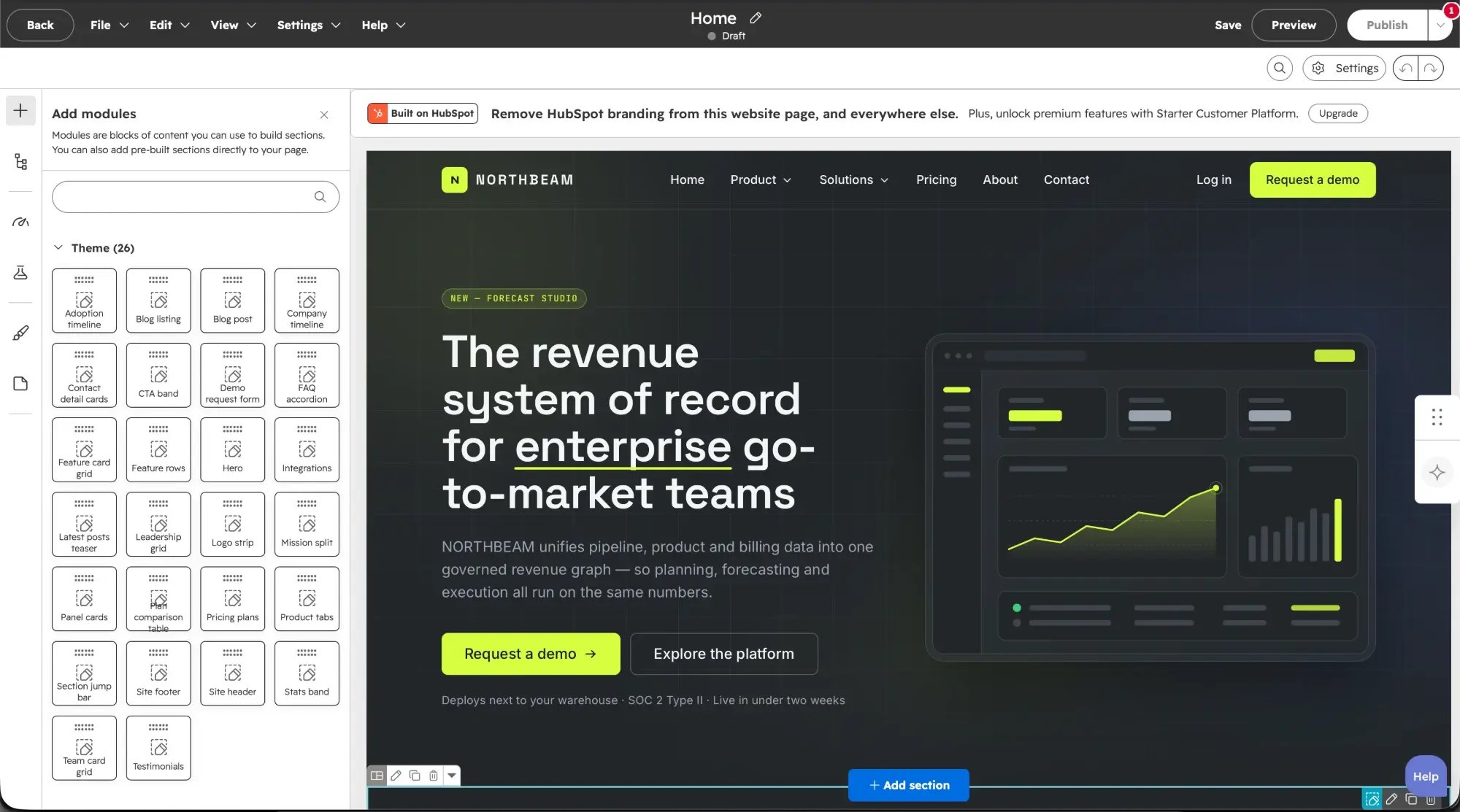 HubSpot page editor with an exported transjt page: the Add modules panel lists the theme modules such as Hero, Pricing plans, FAQ accordion and Site header, next to the page preview