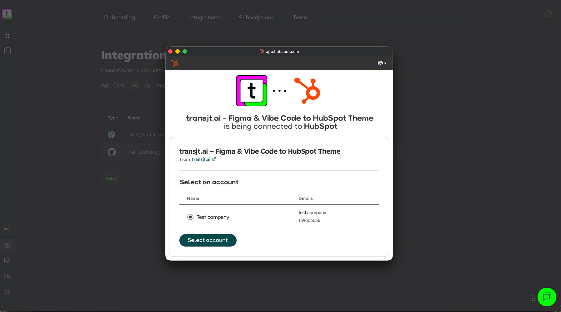 HubSpot window app.hubspot.com: transjt.ai is being connected to HubSpot, with Select an account, a list of HubSpot accounts and the Select account button