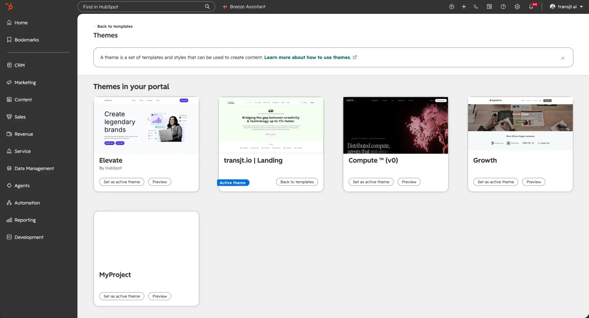HubSpot Themes page, Themes in your portal: exported transjt themes with their project name and cover image next to HubSpot themes, each with Set as active theme and Preview