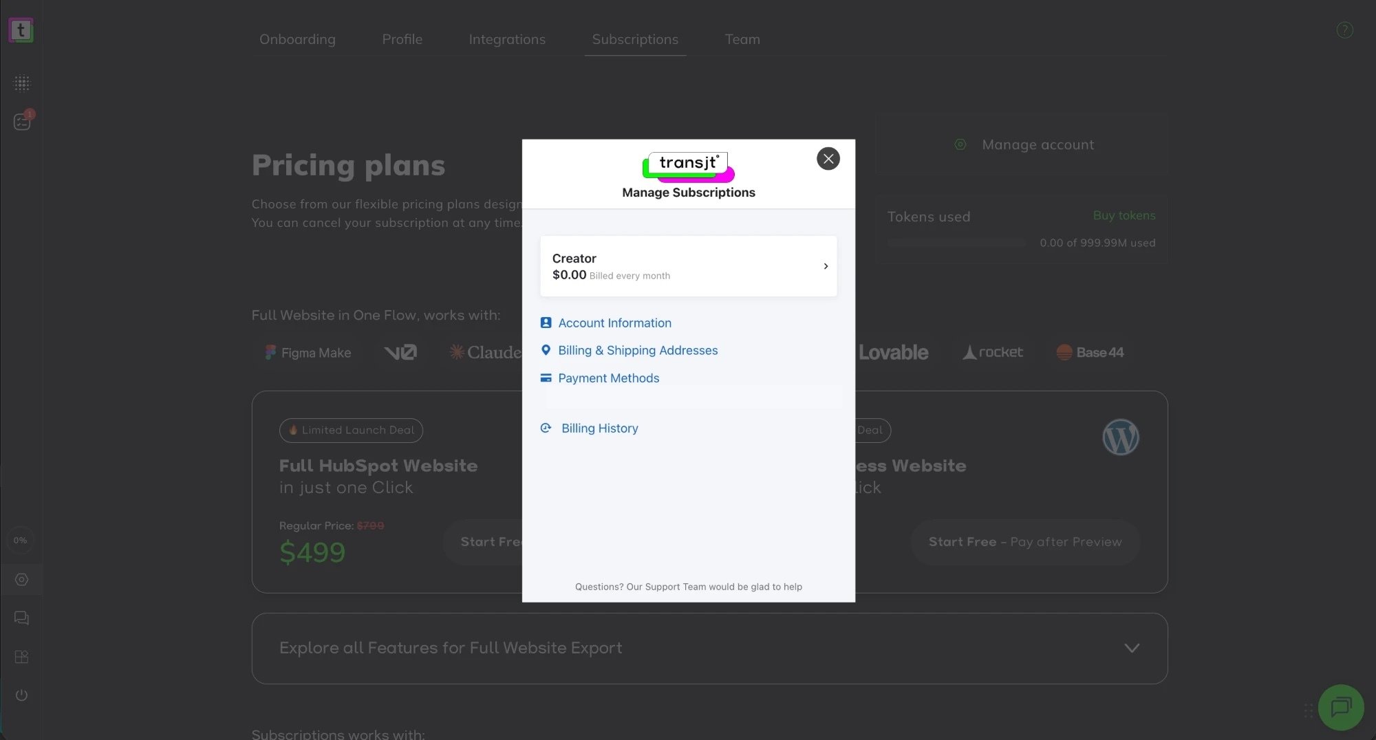Manage Subscriptions popup in transjt: the current plan Creator, and links to Account Information, Billing and Shipping Addresses, Payment Methods and Billing History