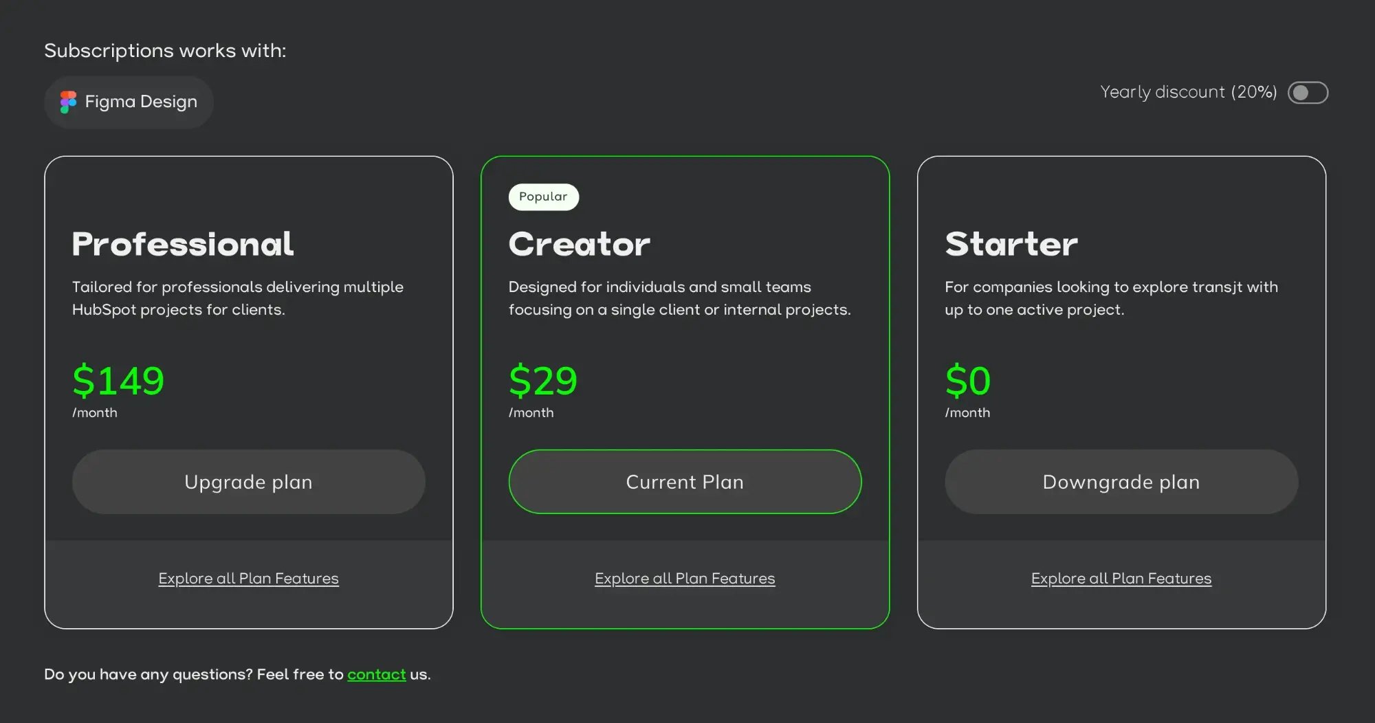 The plan cards under Settings, Subscriptions: Professional with Upgrade plan, Creator marked Current Plan, Starter with Downgrade plan, and the Yearly discount switch