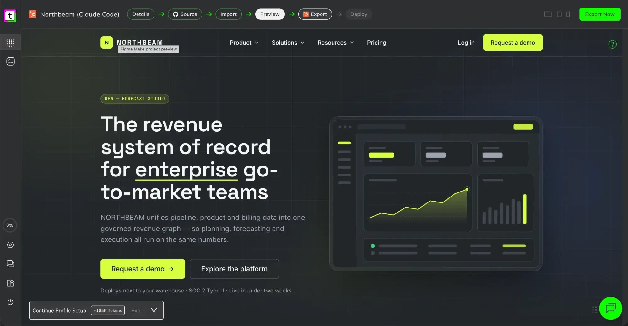 The Preview step of a transjt project: the imported website shown inside the app, with the steps Details, Source, Import, Preview, Export and Deploy at the top and the Export Now button
