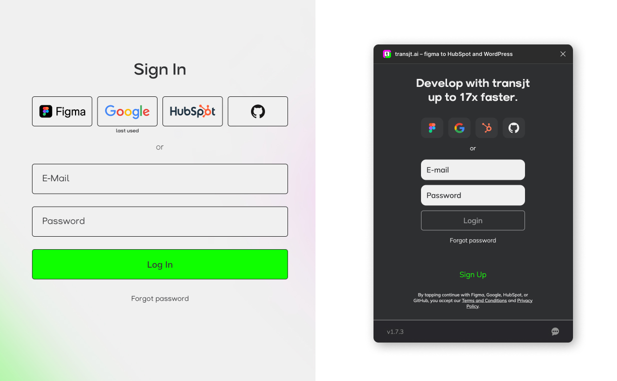 Left: the Sign In page of the transjt app with Figma, Google, HubSpot and GitHub. Right: the login screen of the transjt Figma plugin with the same options.