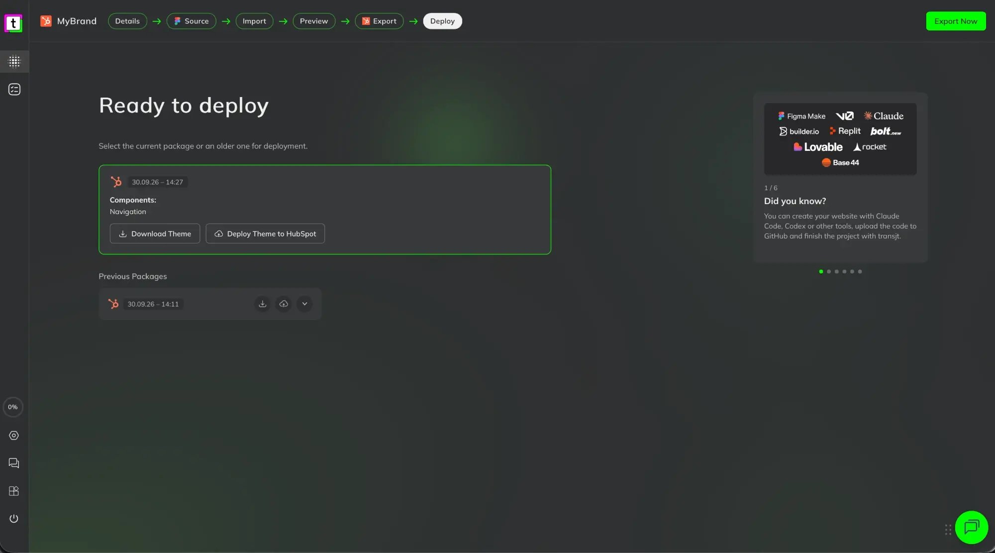 Ready to deploy for a HubSpot project: the current package with its components, Download Theme and Deploy Theme to HubSpot, and a list of previous packages
