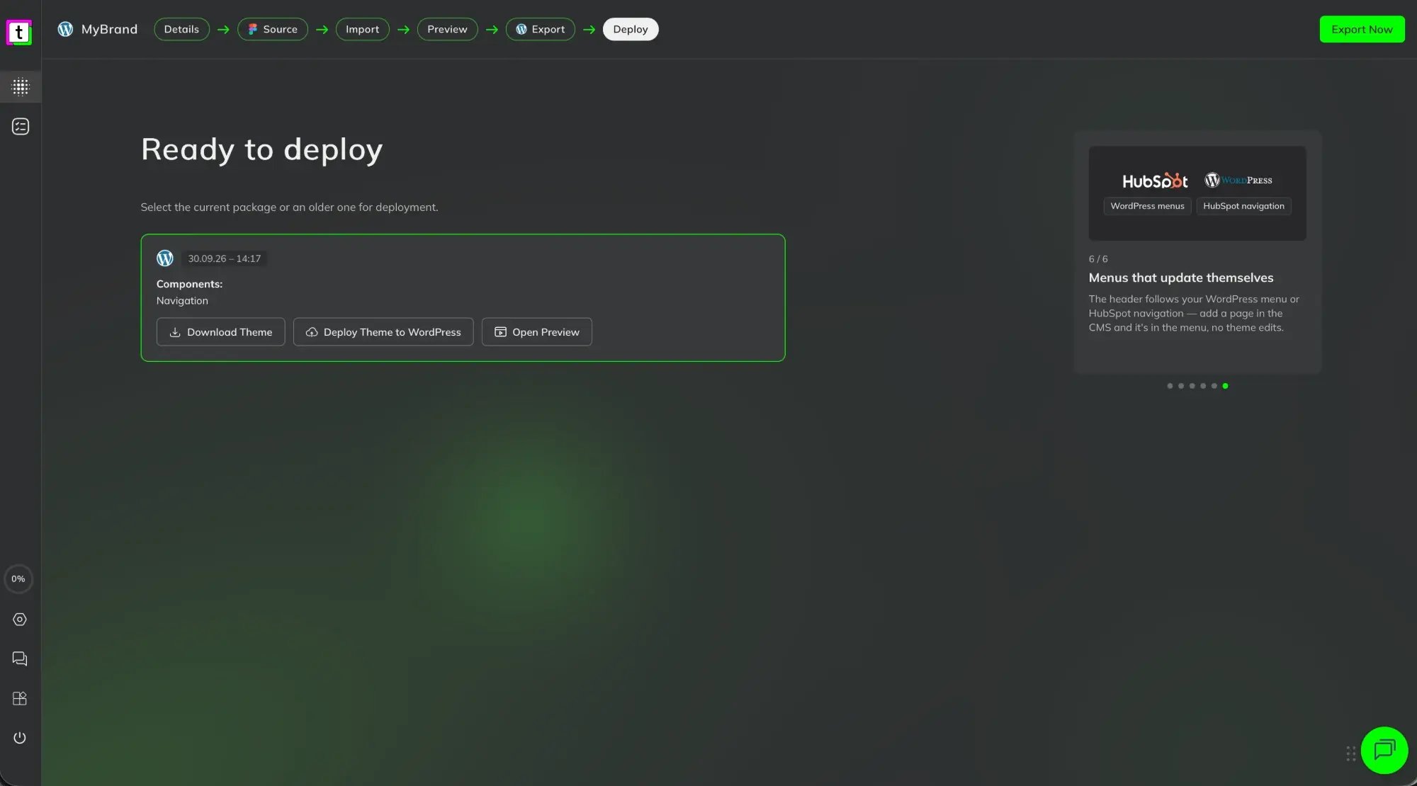 Ready to deploy for a WordPress project: the current package with its components, Download Theme, Deploy Theme to WordPress and Open Preview
