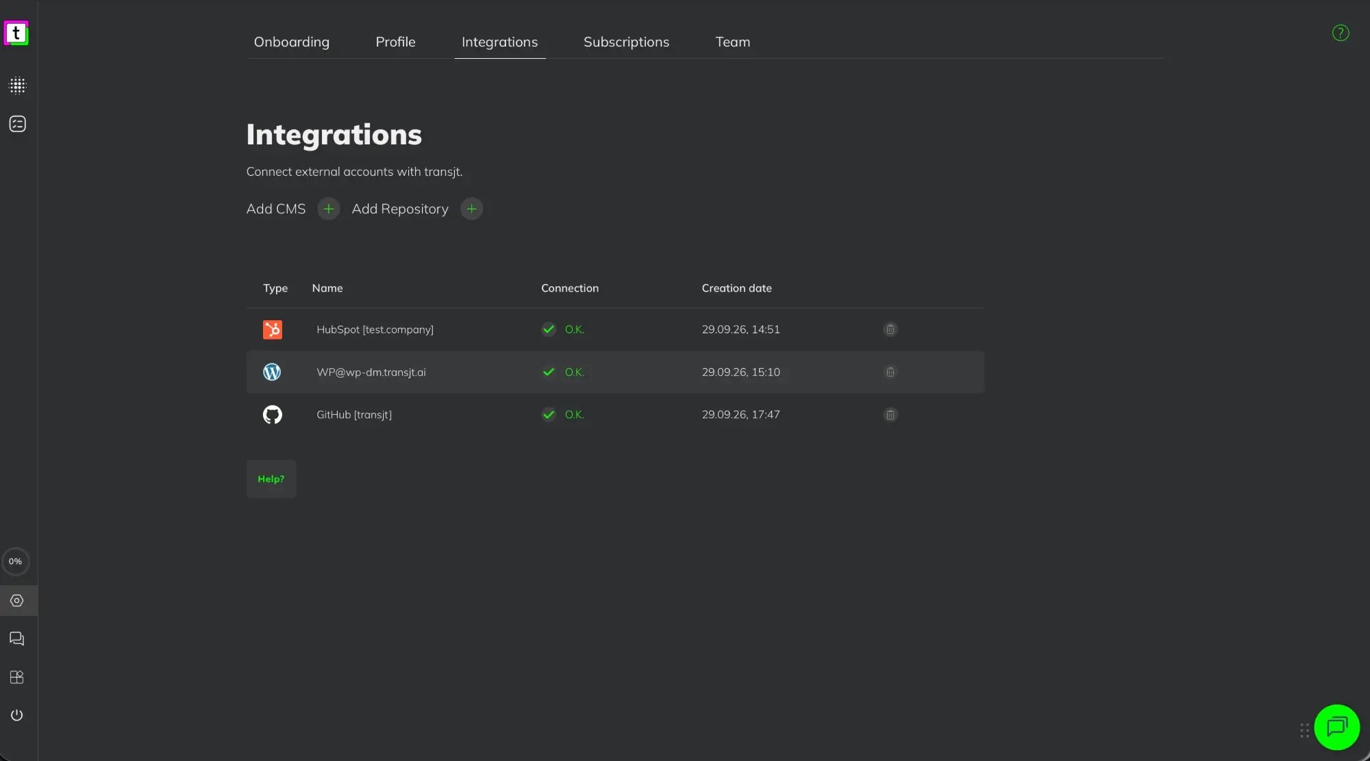 Settings, Integrations in transjt: Add CMS and Add Repository, and a list of connected HubSpot, WordPress and GitHub accounts, each with the connection status O.K., the creation date and a bin icon