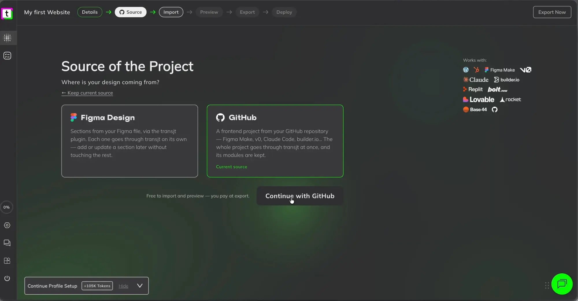 The Source of the Project step in transjt with Figma Design and GitHub as options, GitHub selected, and the Continue with GitHub button