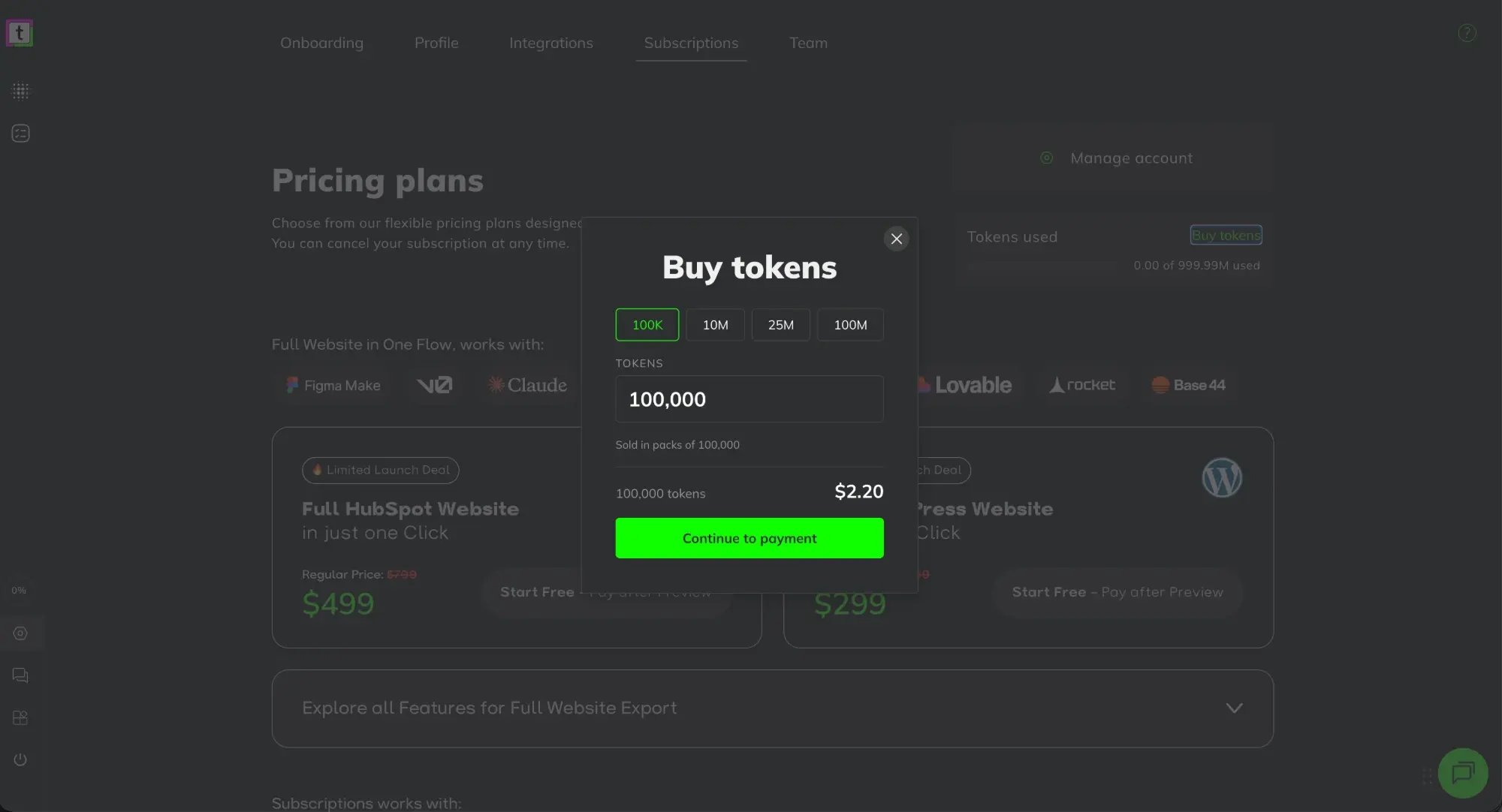 The Buy tokens dialog in Settings, Subscriptions: preset amounts 100K, 10M, 25M and 100M, a tokens field sold in packs of 100,000, the price, and the Continue to payment button