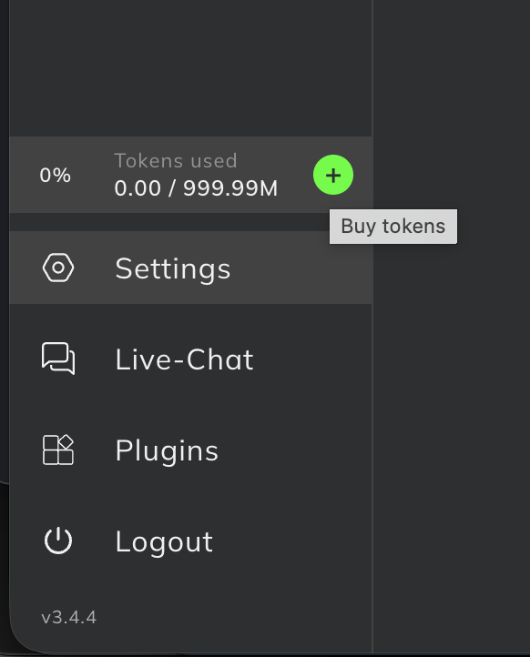 The left menu of the transjt app with Tokens used and a green plus button labelled Buy tokens, above Settings, Live-Chat, Plugins and Logout