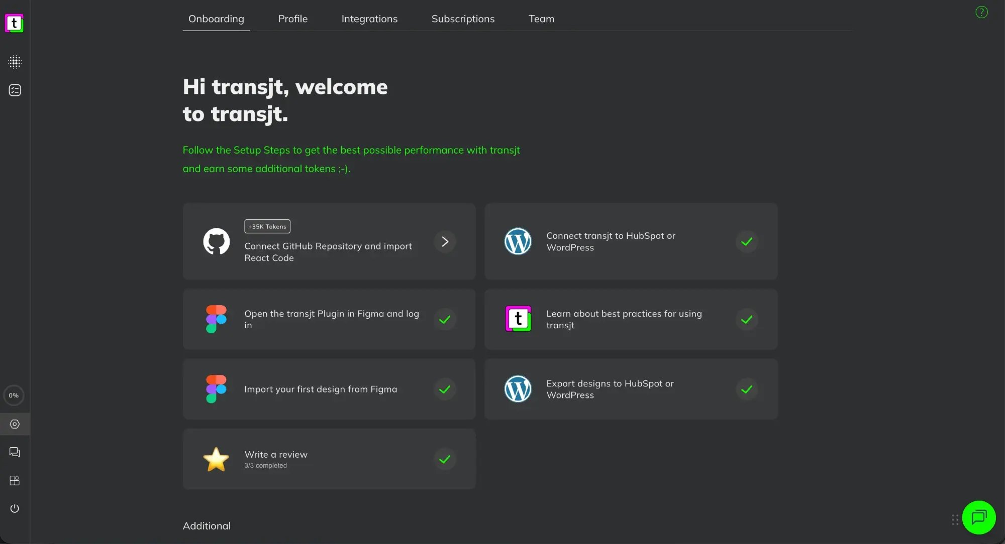 Settings, Onboarding in transjt: the setup checklist with steps for GitHub, HubSpot or WordPress, the Figma plugin, best practices, the first import, the first export and writing a review. Finished steps show a green check mark, open steps a token badge.