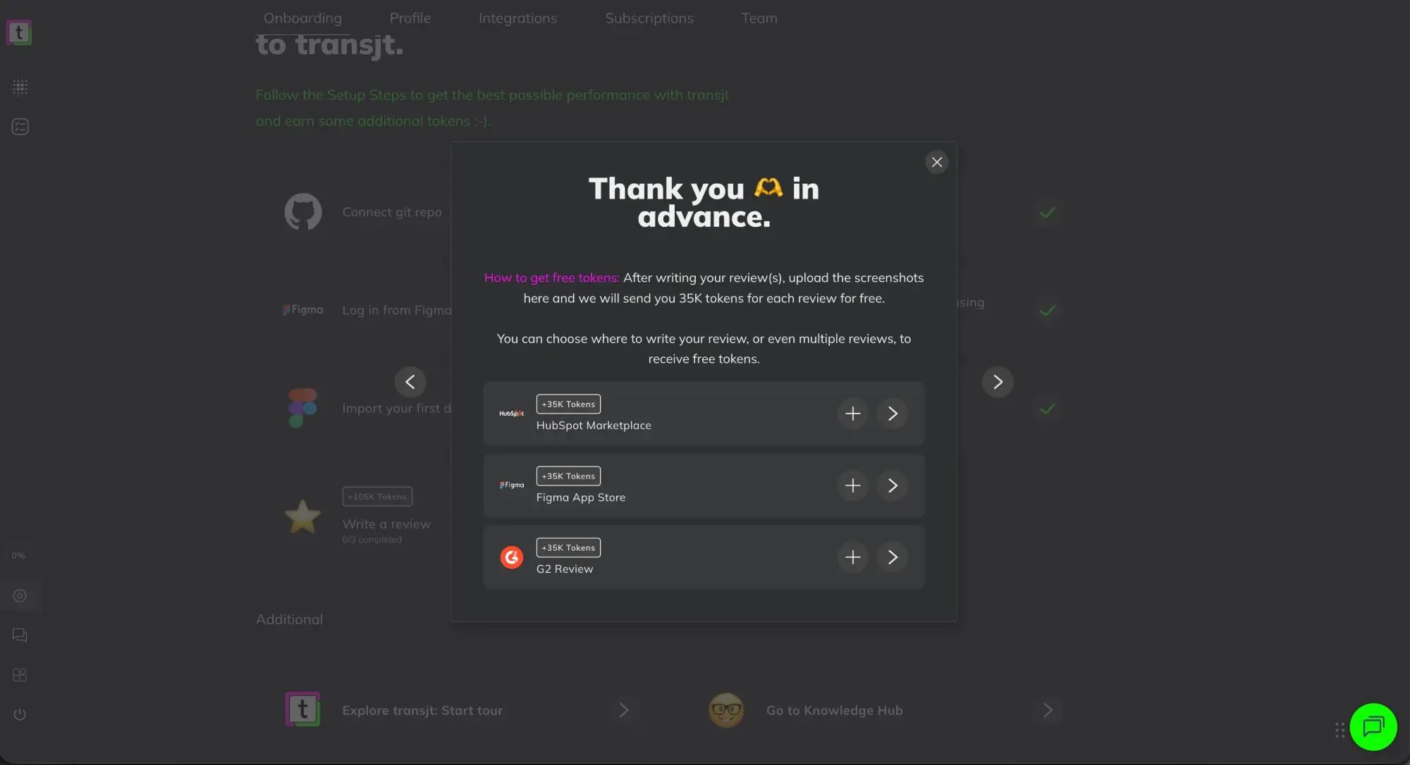 The Write a review dialog in transjt: 35K tokens each for a review on the HubSpot Marketplace, the Figma App Store and G2, with a plus button to upload the screenshot and an arrow to open the review page