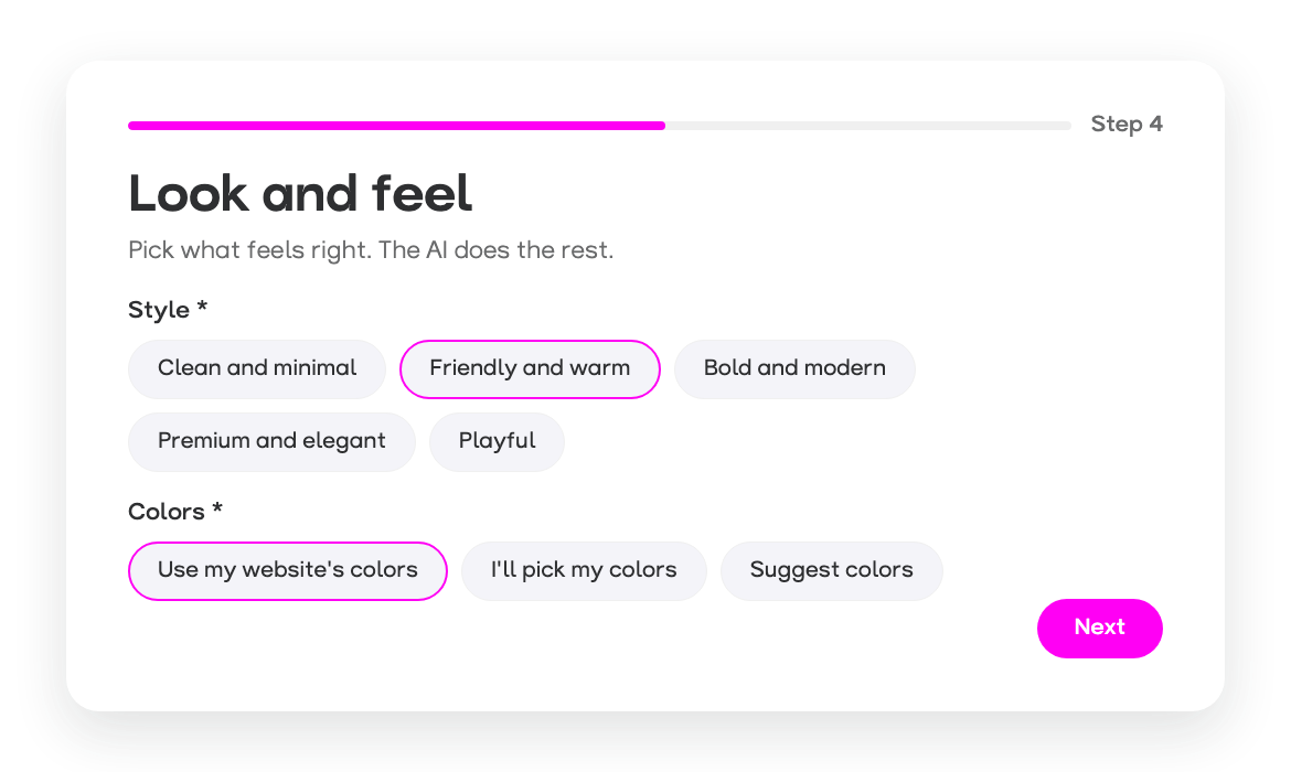 Website Prompt Generator: the Look and feel step with style and color options